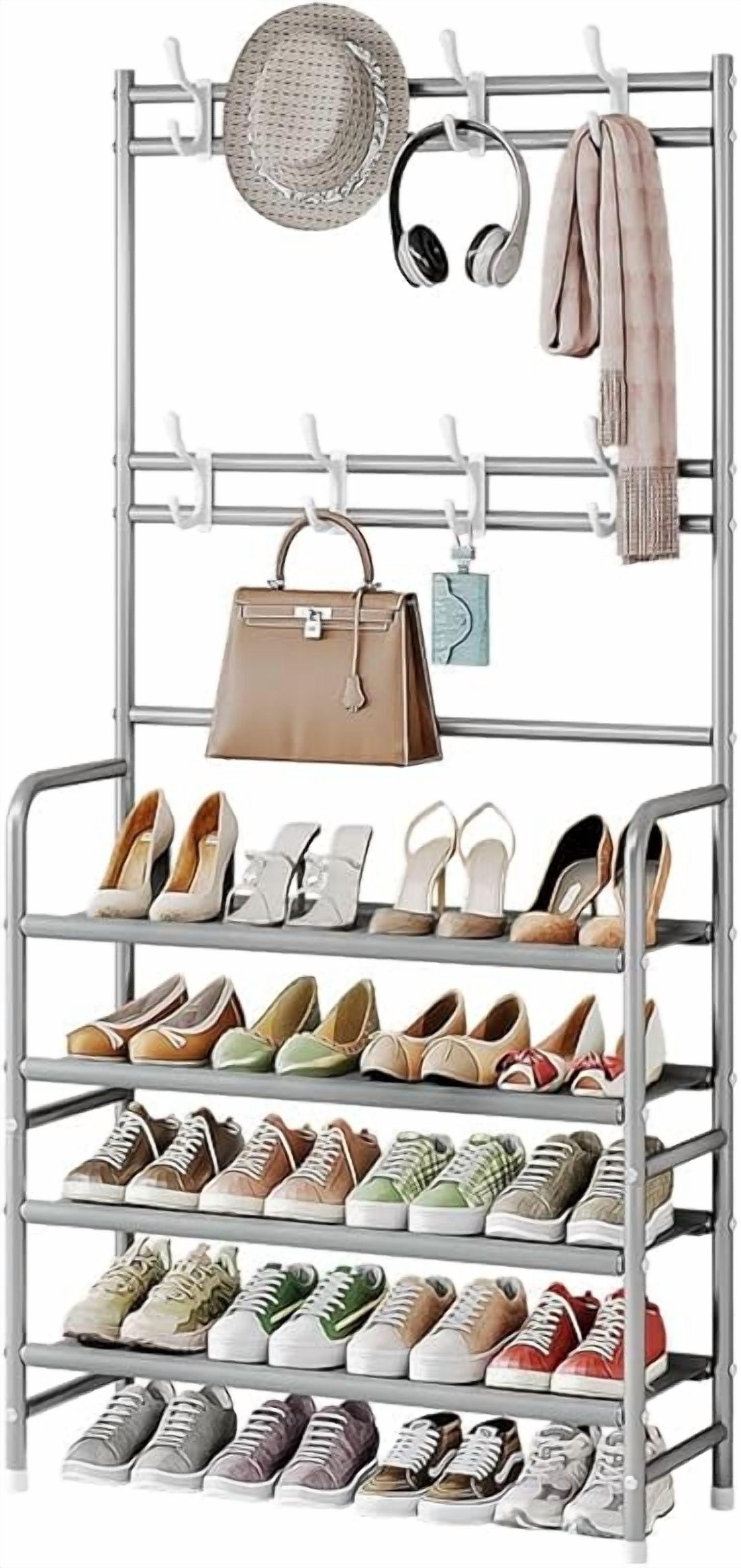 Coat Rack Shoe Rack With Storage Shelf Freestanding with 8 Hooks for Entryway Bedroom Closet 4 Tier, Grey