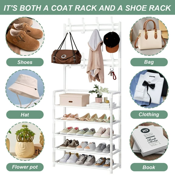 Coat Rack with Shoe Storage, 5 Tier Shoe Rack Entryway Hall tree, Sturdy Coat Rack with 8 Hooks and Storage Bag for Front Door Entrance Bedroom Kitchen,White