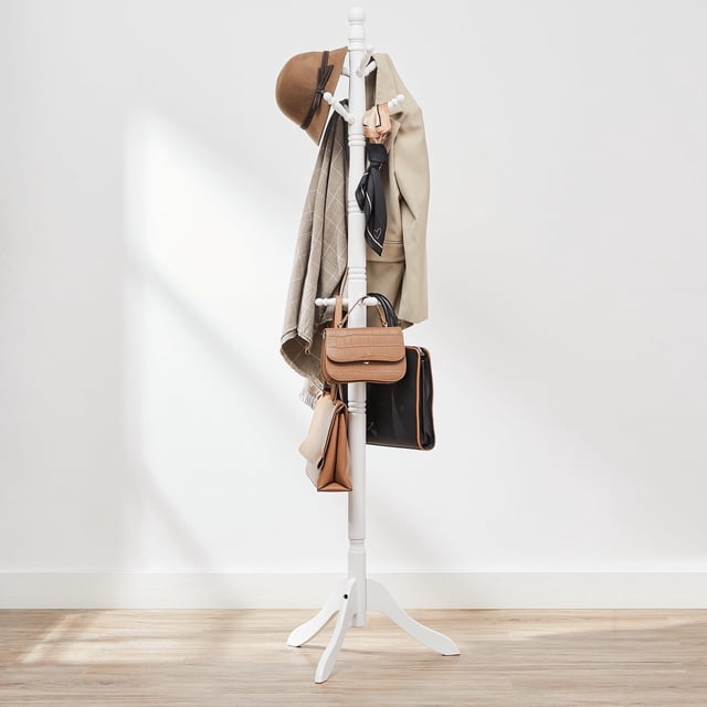 Coat Rack, Solid Wood Coat Stand, Free Standing Hall Coat Tree with 10 Hooks, White