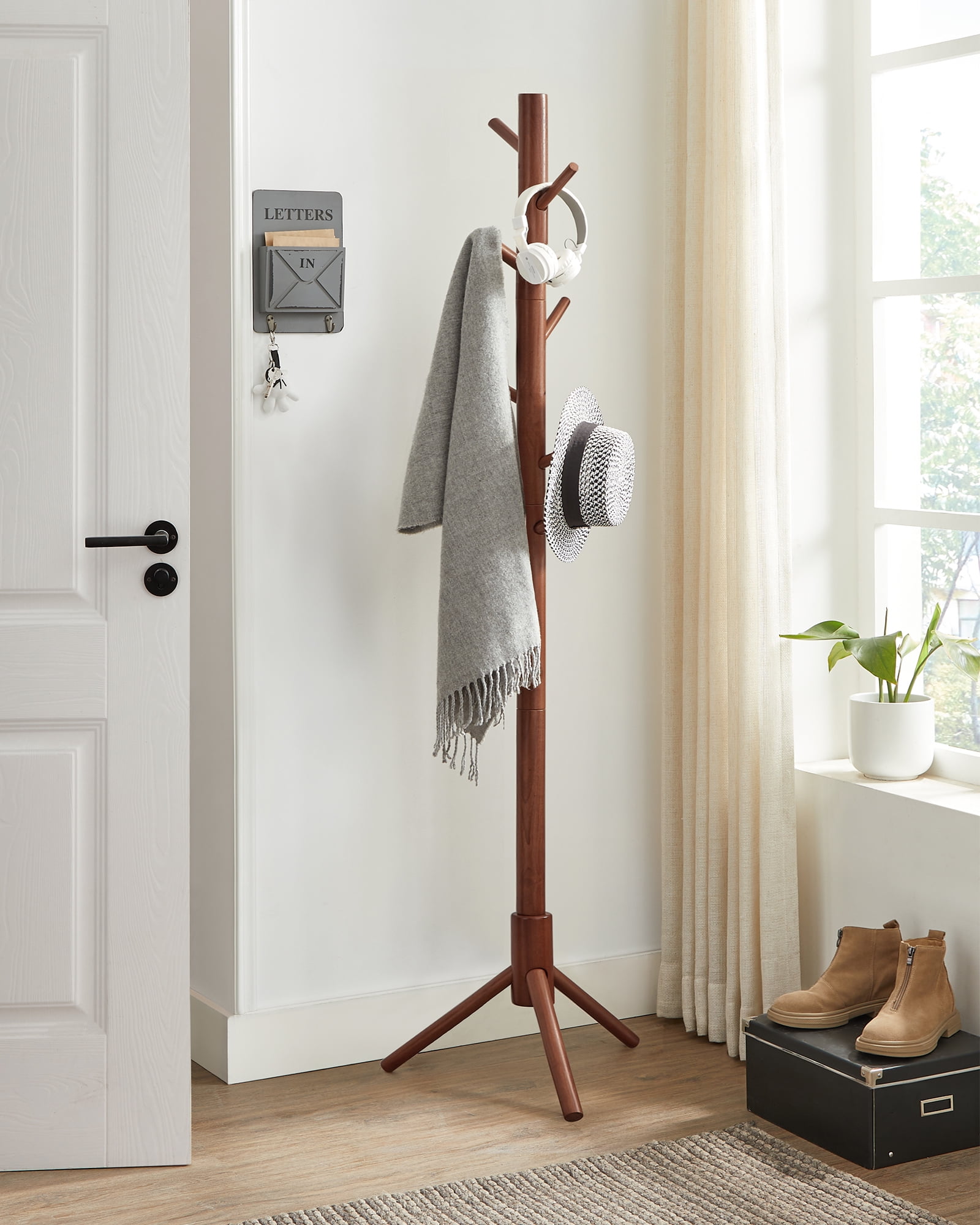 Dark Walnut Solid Wood Free Standing Coat Rack with 8 Hooks