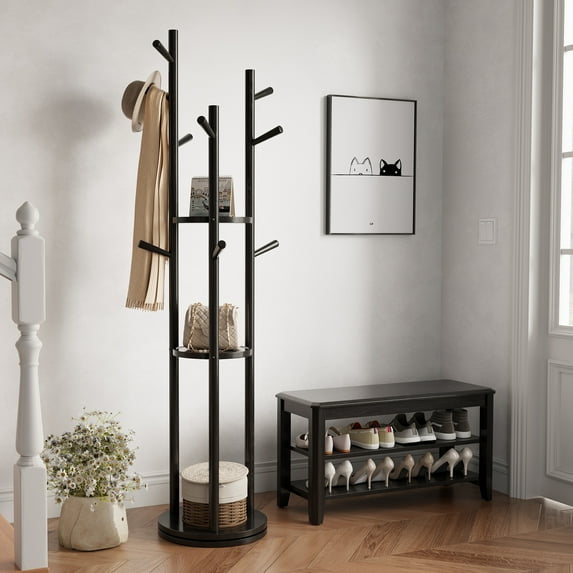 KASLANDI Solid Wood Rotary Coat Rack with 3 Shelves & 9 Hooks, Freestanding Coat Tree, Black Finish, Easy Assembly