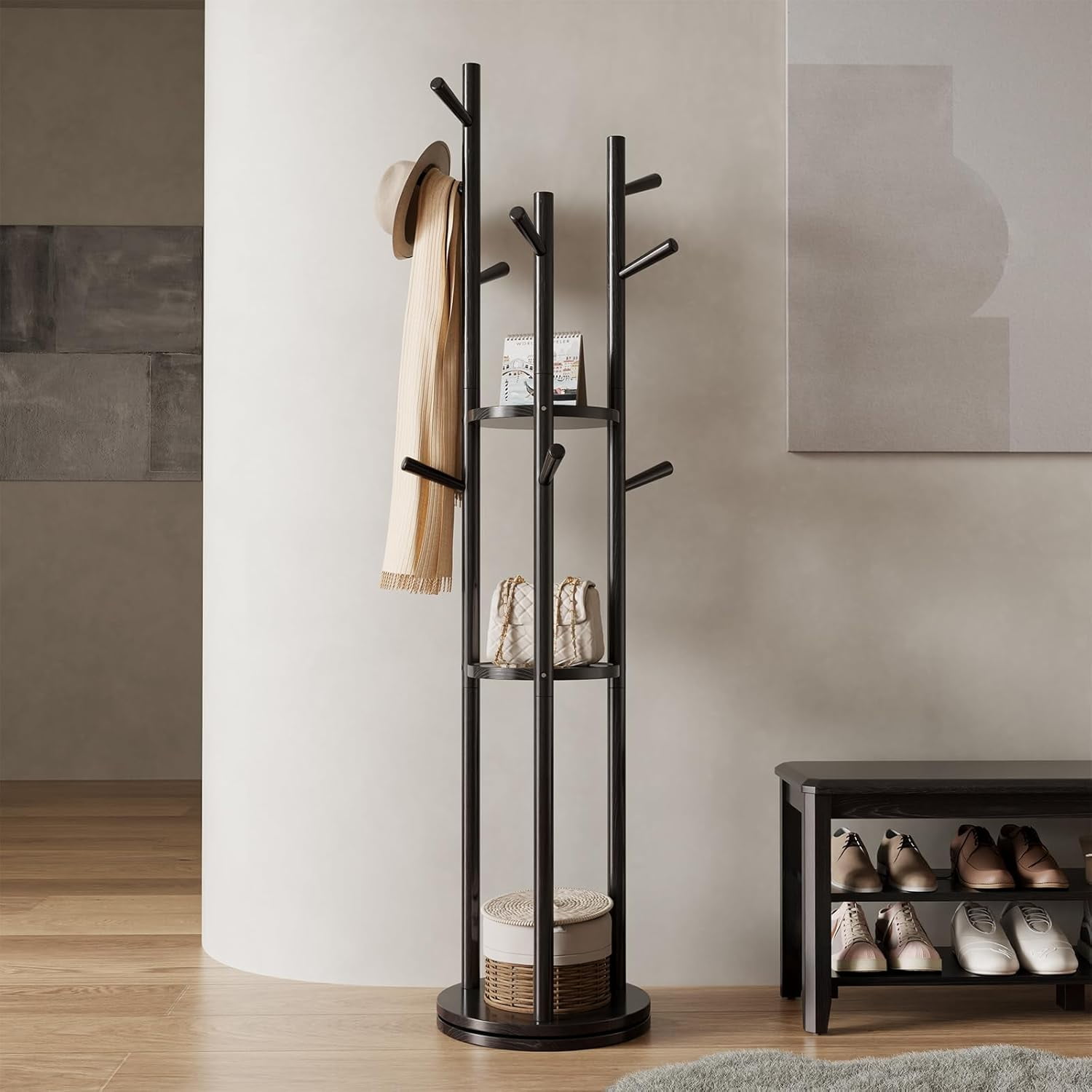Coat Rack, Solid Wood Rotary Coat Rack Stand, Freestanding Coat Rack