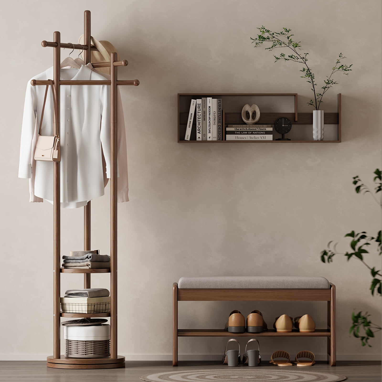 Coat Rack, Solid Wood Rotating Coat Rack Freestanding With 3 Crossbars ...
