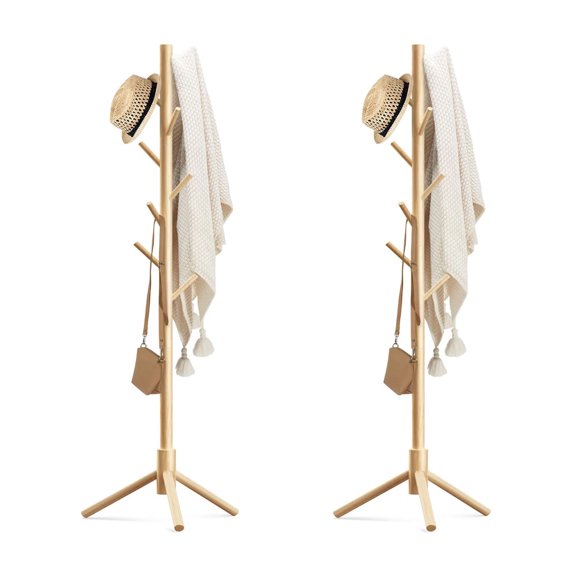 Coat Rack Stand 2pcs, with 3 Height Options and 8 Hooks Wooden Freestanding Coat Rack for Home, Office, Entryway, Hallway