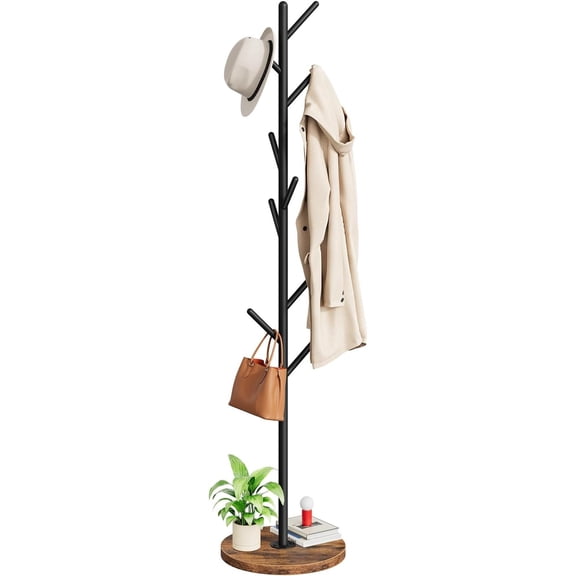 Coat Rack Stand with 9 Hooks, Metal Freestanding Coat Tree with Wooden Base, Heavy Duty Hall Tree for Entryway, Space Saving Coat Hanger Stand with Thickened Base, Rustic Brown BF11YM01