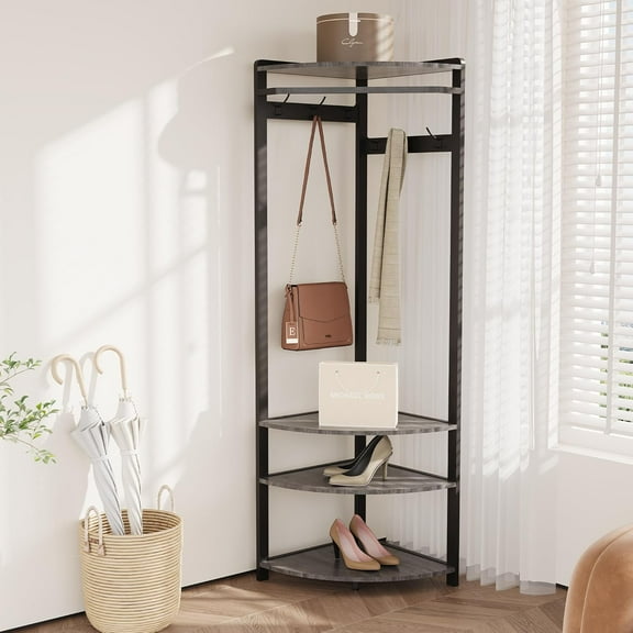 Coat Rack Stand Corner Hall Tree With Shoe Bench 6 Hooks and Storage Shelf Freestanding Coat Rack Coat Stand With 3 Shelves Shoe Bench Coat Tree for Entryway, Living Room