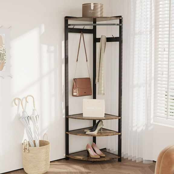 Coat Rack Stand Corner Hall Tree With Shoe Bench 6 Hooks and Storage Shelf Freestanding Coat Rack Coat Stand With 3 Shelves Shoe Bench Coat Tree for Entryway, Living Room