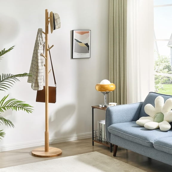Coat Rack Stand, Freestanding Coat Tree with Solid Round Base and 8 Hooks, Wooden Coat Hanger, Clothes Rack for Hallway Entryway, Living Room, Bedroom, Natural Color