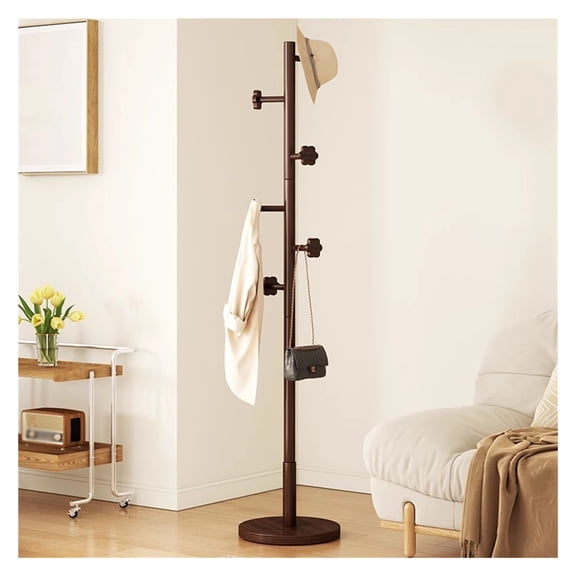 Coat Rack Stand Freestanding Coat Tree with Solid Round Base and 6 Hooks,Easy Assembly Wooden Coat Hanger,Clothes Rack for Hallway Entryway