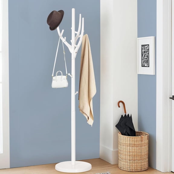 WOOW DEPOT Large Wood Coat Rack Heavy Duty Freestanding Clothes Hanger Stand w/ Stable Base & 12 Tree Branch Hooks for Corner Entryway Hallway Bedroom