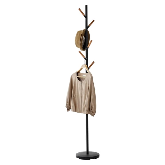 Coat Rack Stand,Freestanding Modern Coat Tree with Wooden Hooks,Entryway Standing Hanger,Sturdy Weighted Base,Easy Assembly,Steel,Black