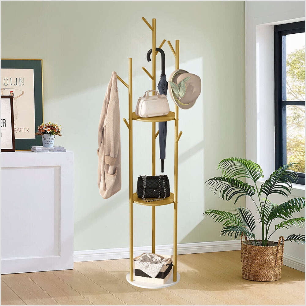 Coat Rack Stand Hall Tree w 3 Tiers Shelves 9 hookss Marble Base Gold