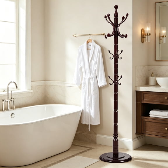 Coat Rack Stand, Solid Wooden Coat Tree with 14 Hooks, Heavy Duty Freestanding with Sturdy Round Base, Natural Birch Wood Coat Hanger Stand for Entryway, Bedroom, Ruyi Hook