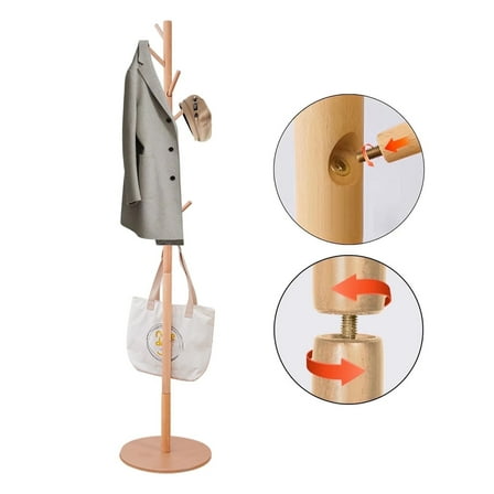 stusgo Coat Rack Freestanding,Wooden Coat Tree with 8 Hooks and 3 Adjustable Section Height （Round Base，Log）