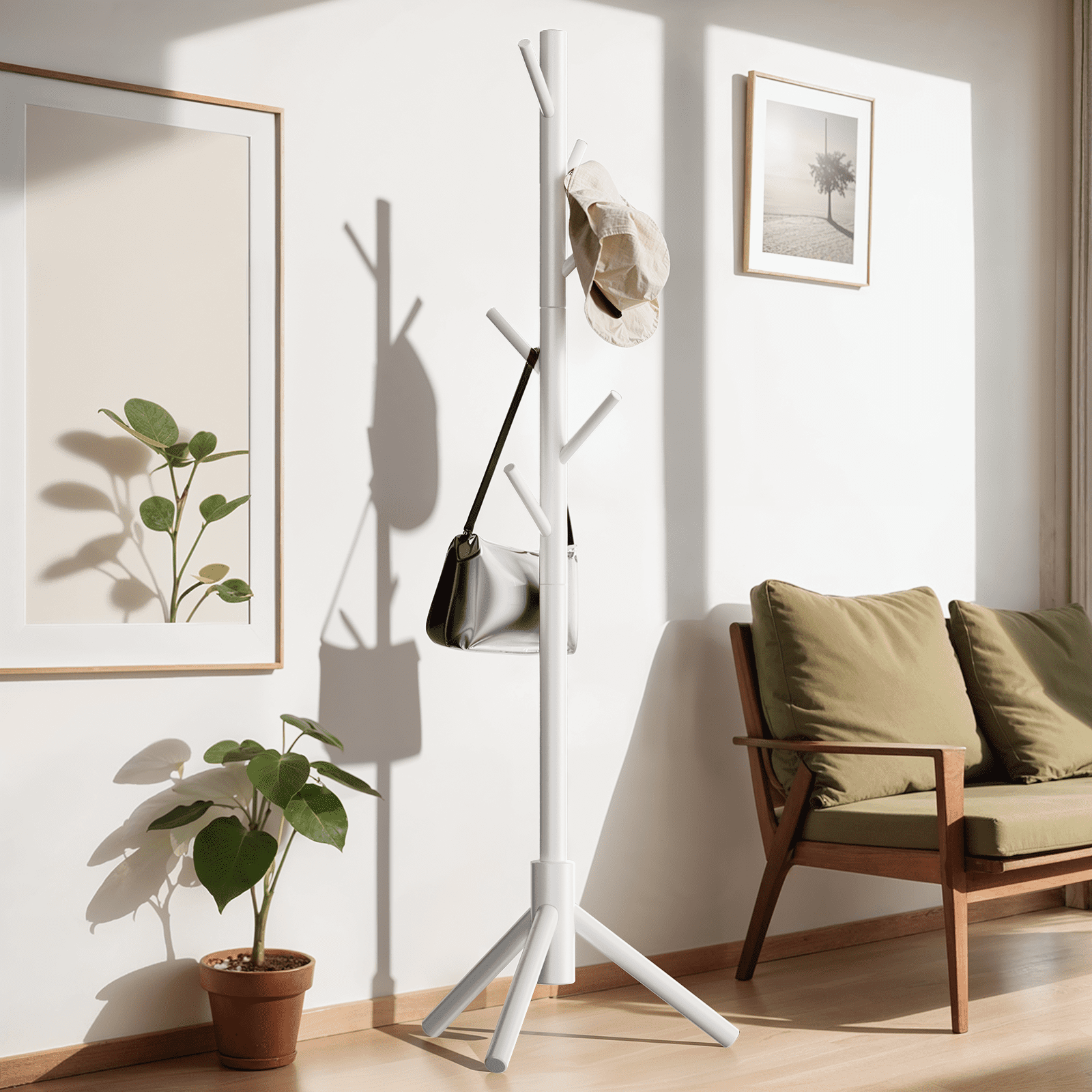 Coat Rack Stand with 3 Height Options and 8 Hooks Wooden Freestanding Coat Rack for Home Office Entryway Hallway