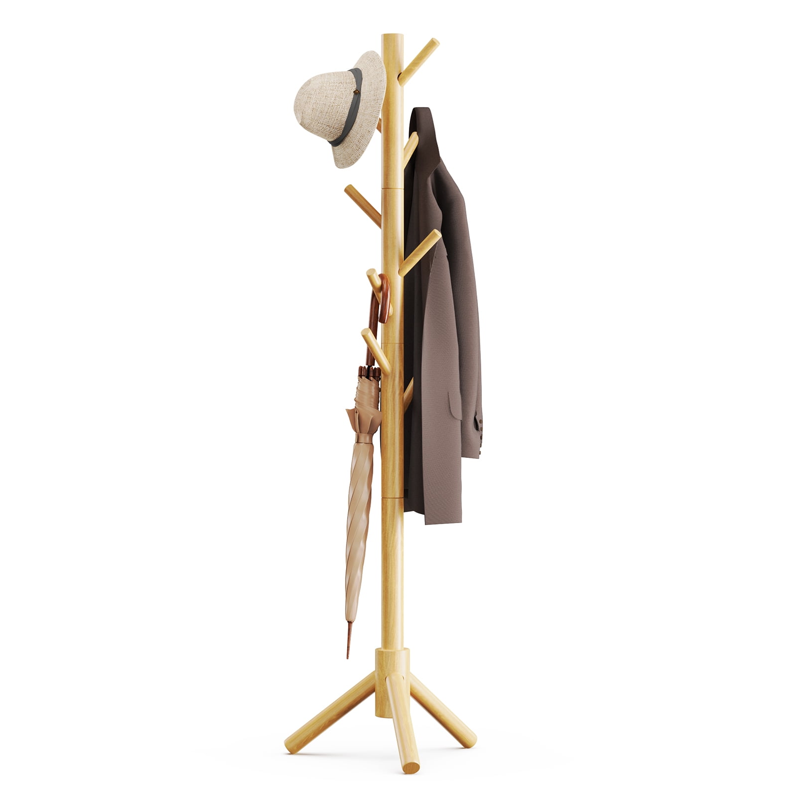 Coat Rack Stand with 3 Height Options and 8 Hooks Wooden Freestanding