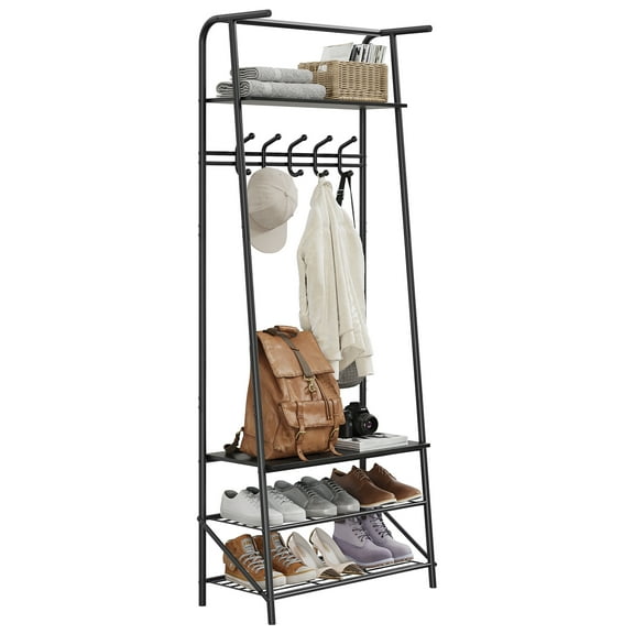 Coat Rack Stand with Bench, 3-Tier Shoe Storage Shelf, 4-in-1 Freestanding Entryway Organizer with with Hooks for Hallway Living Room
