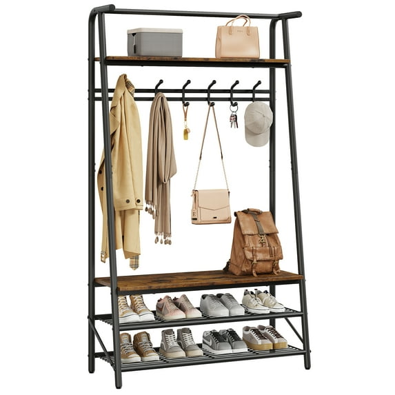 Coat Rack Stand with Bench, 3-Tier Shoe Storage Shelf, 4-in-1 Freestanding Entryway Organizer with with Hooks for Hallway Living Room