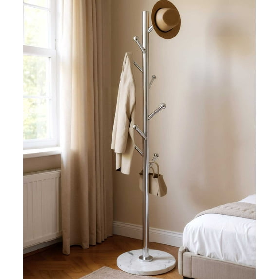 Vigorpro Coat Rack Stand with Marble Base & 8 Stainless Steel Hooks Freestanding Clothes Tree (70" Tall, Silver)"