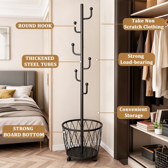 Coat Rack Stand with Storage Basket and Wheels, Black Metal Hall Tree for Entryway
