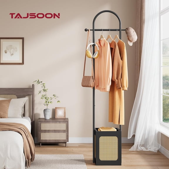 Coat Rack Stand with Wooden Base, Coat Tree Rattan Design, Coat Hanger Stand with 6 Hooks, Small Clothes Rack for Living Room, Bedroom, Office, Black