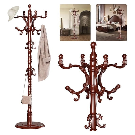 Coat Rack Tree Freestanding, Wooden Coat Rack Stand with 14 , Vintage Heavy Duty Standing Coat, Sturdy Hanger Corner Hall Tree for Bedroom, Office, Entryway(red)