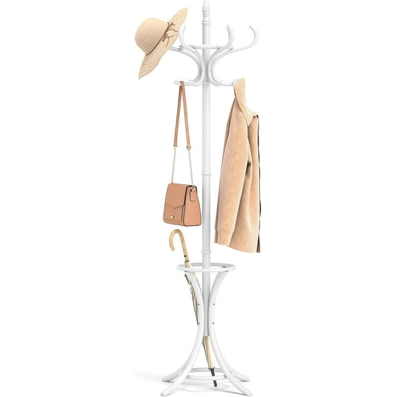 Coat Rack with Umbrella Holder, 73 Inch Freestanding Coat Hanger Stand with 12 Hooks, Wooden Entryway Coat Tree for Clothes, Bags, Hats, Scarves, Living Room, Bedroom, Hallway (White)