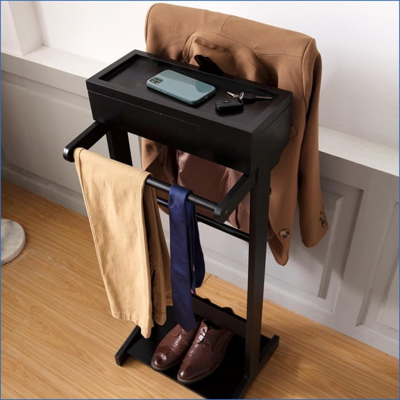 Coat Rack Valet Stand, Black Portable Garment Rack with Storage | MDF | Black
