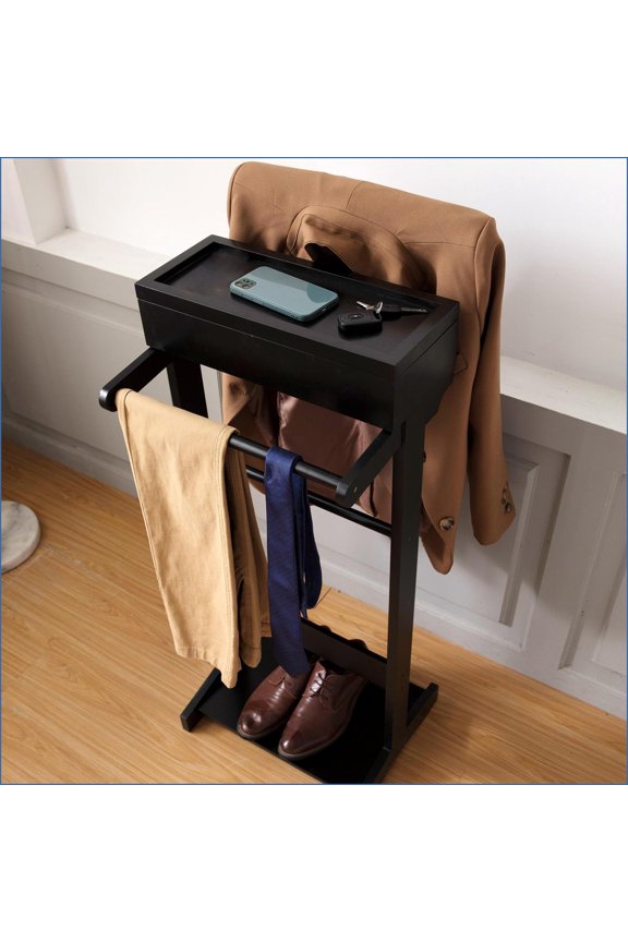 Coat Rack Valet Stand, Black Portable Garment Rack with Storage | MDF | Black