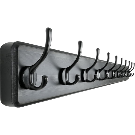 Coat Rack Wall: 38-1/4" Long, Patented, Heavy-Duty, 10-Double-Hooks Wooden Wall Mounted Coat Rack Coat Hanger Hook Rail for Winter Coats Hat Jacket Clothing, Black