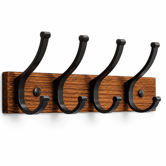 Coat Rack Wall Mount 16.5 inch Wood Aluminum 5 Hooks Brown Vintage Heavy Duty for Entryway Bathroom