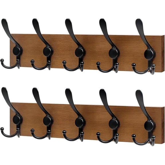 Coat Rack Wall Mount, 16.7 Inch Wooden Wall Coat Hanger with 5 Triple Hooks, No Assembly, Brown, 2 Pcs