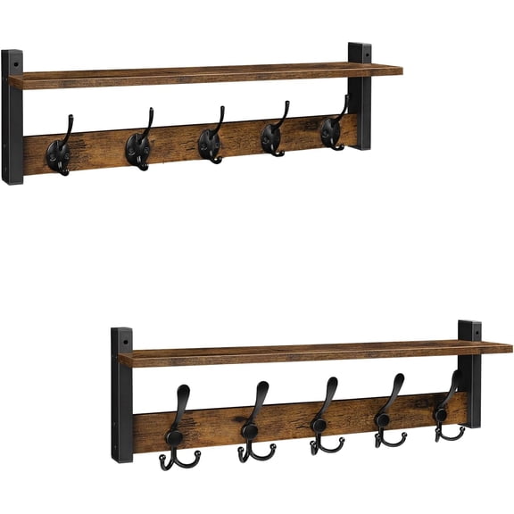 Coat Rack Wall Mount, 24 Inch Long Shelf with Hooks, Wood Entryway Shelf with 5 Hangers for Hanging Hat Jacket Backpack Purse