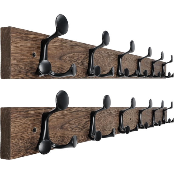 Coat Rack Wall Mount,24" Solid Wood Coat Hooks Wall Mounted Coat Hanger,16" Hole to Hole,Heavy Duty Hook Rack Rail,4 Triple Hooks for Hanging Coats,Jacket,Clothes,Hat,Backpack,Weathered Brown