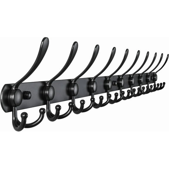 Coat Rack Wall Mount - 38 Long 10-Tri-Hooks Heavy Duty Coat Hanger Rail Wall Hooks for Hanging Coats Hats Clothing Clothes Purse Mudroom Entryway, Black