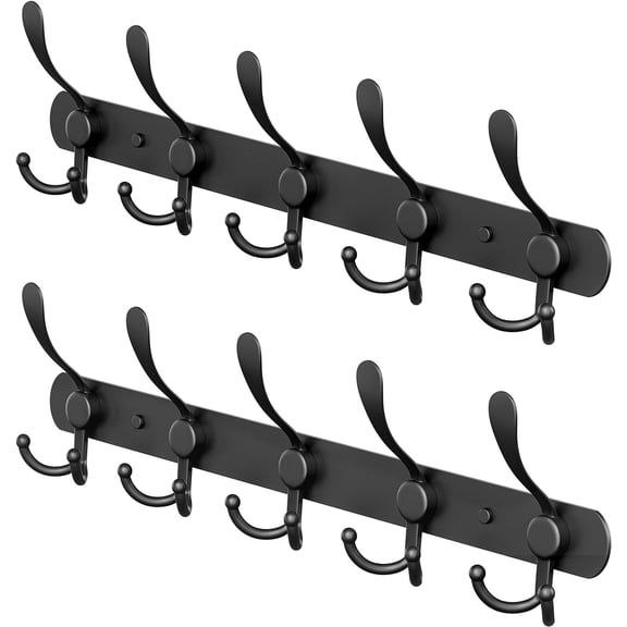 Coat Rack Wall Mount with 5 Tri Hooks, Stainless Steel 16 Inch  Black Matte Finish, Heavy Duty Wall Mounted Hook Rack for Coats, Hats, Towels, Scarves, Robes, Bags, Entryway & Bathroom - 2 Pack