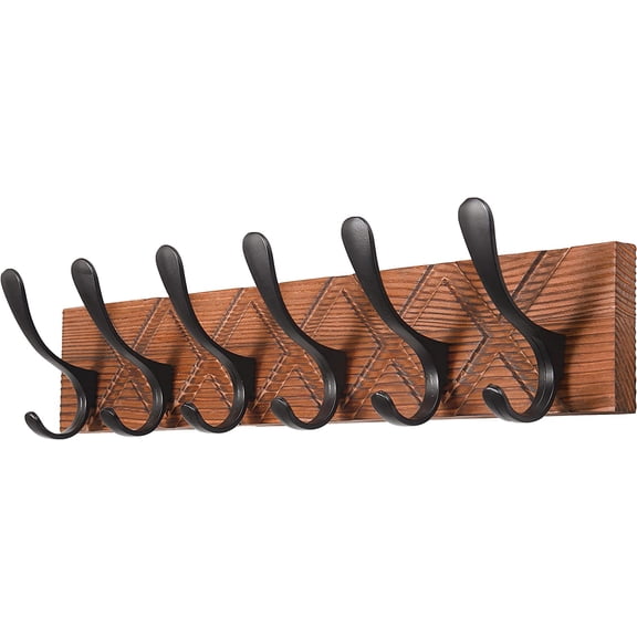 Coat Rack Wall Mount - Antique Wooden Carved- X Cross Coat Hook, Wall Coat Hanger with 6 Hooks for Hanging Coats, Hats, Clothing, Scarfs, Brown & Black