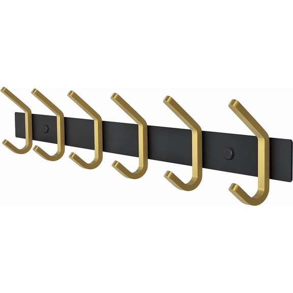 Coat Rack Wall Mount Black and Gold Hook Rail with 6 Double Coat Hooks, 17 Inch Stainless Steel Wall Hooks for Entryway, Bathroom, Bedroom, Closet, Towel, Hat, Bag, Heavy Duty Organizer