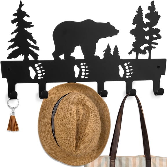 Coat Rack Wall Mount, Black Metal Bear Coat Hook Key Holder for Hanging, Decorative Animal Theme Cabin Coat Hanger with 6 Hooks for Towel, Clothes, Hat, Bathroom, Entryway, Bedroom