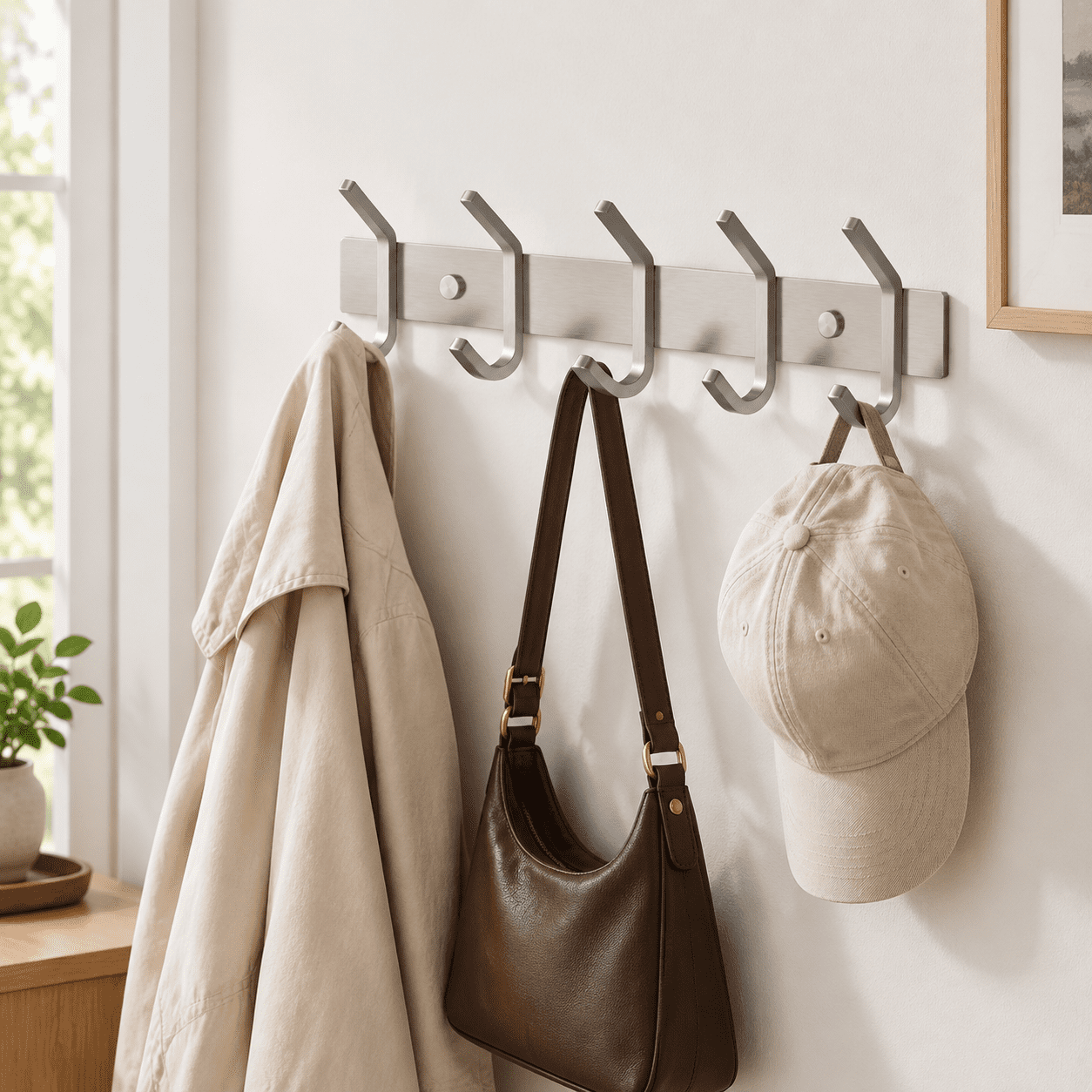 Outside Double Railing Coat Rack Wall Mount - Brushed Nickel 15 Inch Stainless Steel Hook Rail ...