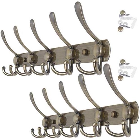Coat Rack Wall Mount,Coat Hanger Wall,Coat Hooks Wall Mounted,Hook Rack Rail,5 Triple Hooks for Hanging Clothes,Hats,Jacket,Bronze,2 Packs