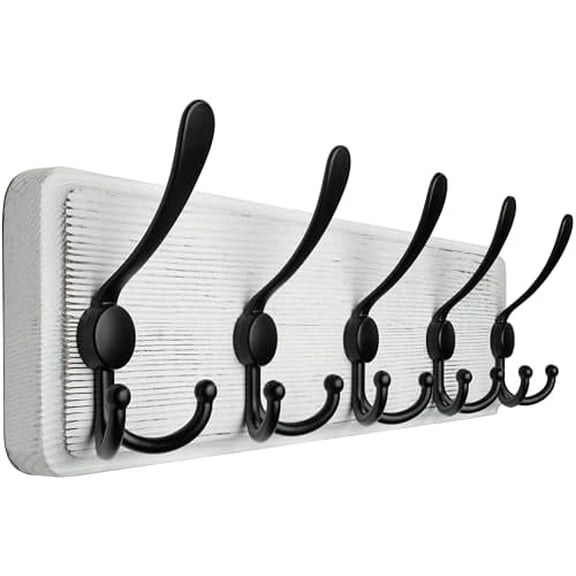 Coat Rack Wall Mount,Coat Hooks Wall Mounted,16" Hole to Hole,Coat Hanger Wall,Wood Hook Rack Rail,5 Triple Hooks for Hanging Coats,Jacket,Clothes,Farmhouse,Black/White