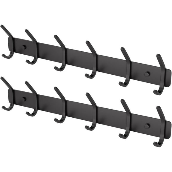 Coat Rack Wall Mount Hooks, 15 Inch Matte Black Metal 6-Hook Organizer Wall Mounted, Modern Entryway Bathroom Hanger for Beach Towels, Coats, Purses, Bags, 2 Pack