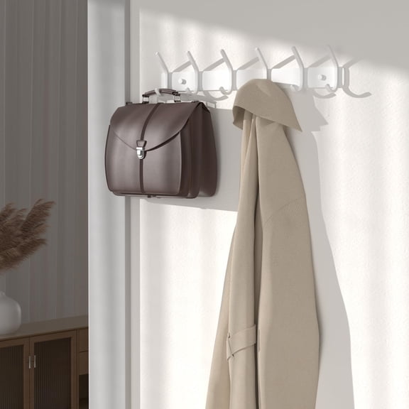 Coat Rack Wall Mount Hooks - Matte White Metal 6-Hook Organizer Wall Mounted, Modern Room, Entryway & Bathroom Hanger for Towels, Coats, Purses, Bags (1 Pack)