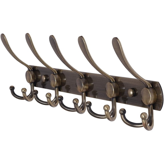 Coat Rack Wall Mount - Long 10-Tri-Hooks Heavy Duty Coat Hanger Rail Wall Hooks for Hanging Coats Hats Clothing Clothes Purse Mudroom Entryway, Pack of 2