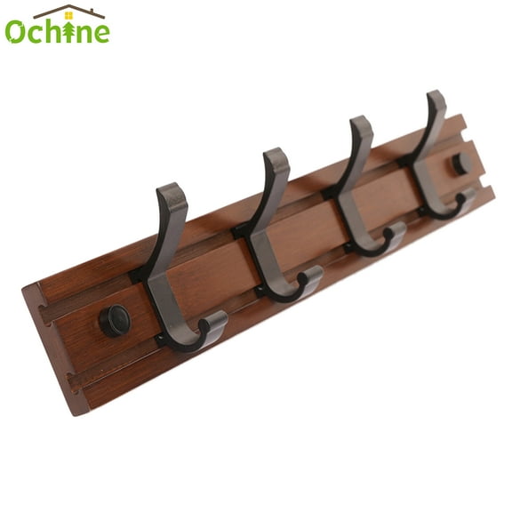 Coat Rack Wall Mount With Movable 4 Metal Hooks, Wooden Coat Rack Farmhouse Coat Hangers for Coat Hat Towel Purse Robes Mudroom Bathroom Entryway,Brown