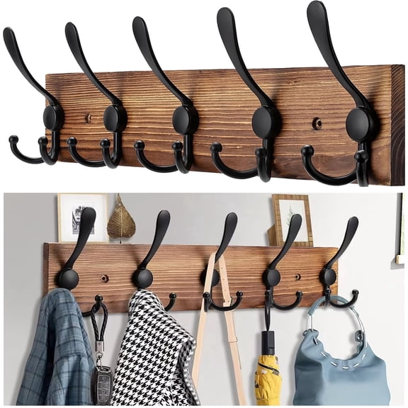 Coat Rack Wall Mount, Pine Real Wood Wall Hooks, 16.9" Coat Hanger with 5 Triple Hooks for Hanging Coat Hat Jacket Keys and Towel, Brown