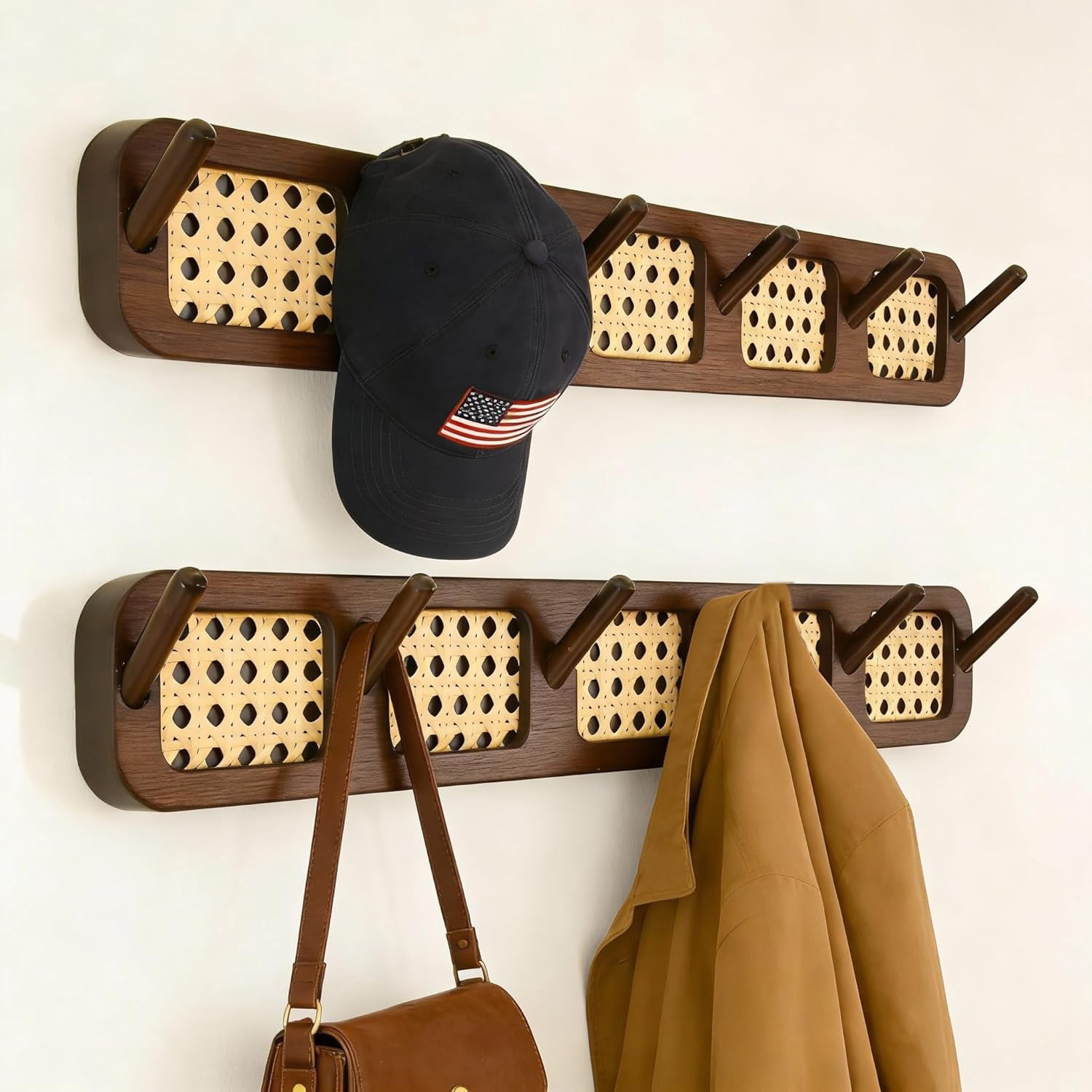 Coat Rack Wall Mount, Rattan Coat Hooks Hanger Wall Mounted, 6 Heavy ...
