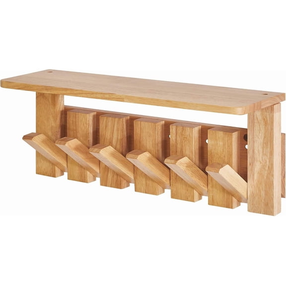 Coat Rack Wall Mount with Shelf, Wall Shelf with Retractable Hooks, Wooden Wall Coat Rack for Entryway, Bedroom for Hanging Clos/Coats/Keys/Hats/Towels/Bags, Walnut, HWSH-