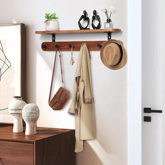 Coat Rack Wall Mount with Shelf, 22" Walnut Wood Wall Shelf with Hooks, Entryway Floating Coat Rack with 6 Metal Hangers for Coats, Backpacks, Living Room, Bedroom, Bathroom (Brown-22'' L)